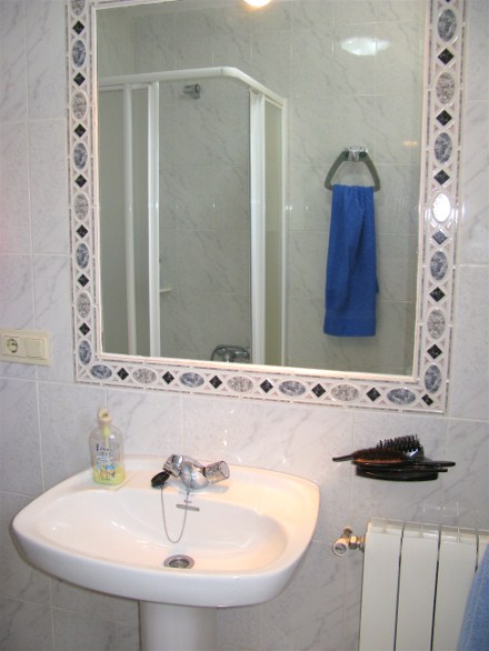 The baht room has a shower