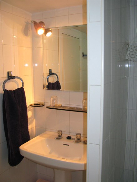 Das Bad hat eine gemauerte Duschkabine