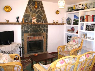 Wohnzimmer mit Kamin und Sat-TV