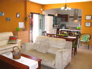 Wohnzimmer mit Kamin und Essecke